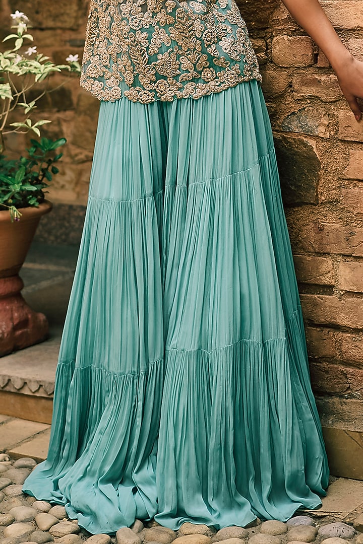 Coral Blue Georgette & Net Embroidered Bridal Sharara Set by Bhumika Sharma at Pernia's Pop Up Shop