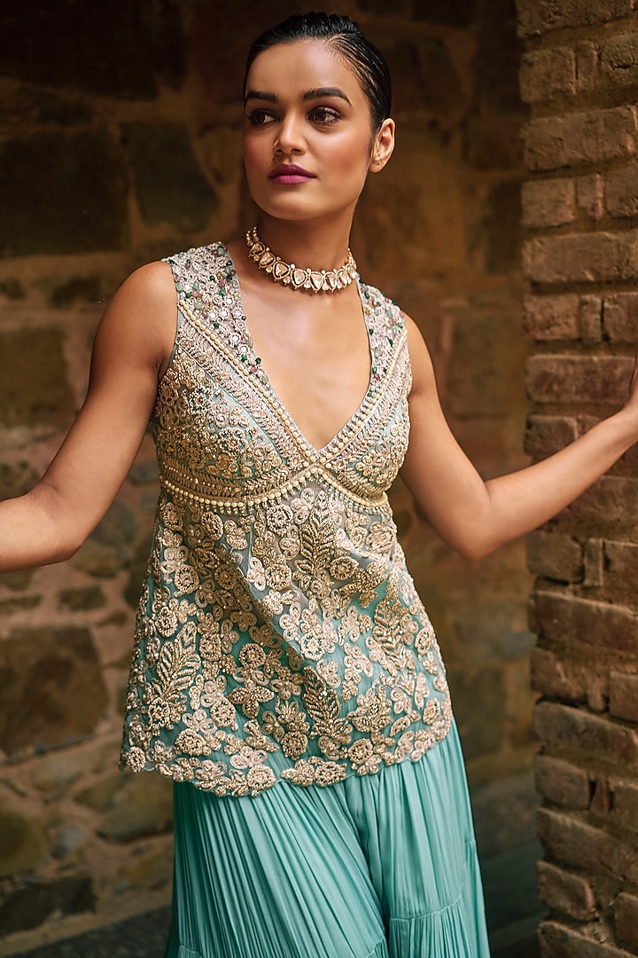 Coral Blue Georgette & Net Embroidered Bridal Sharara Set by Bhumika Sharma at Pernia's Pop Up Shop