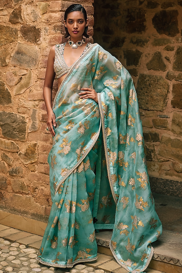 Coral Blue Organza & Net Printed Saree Set by Bhumika Sharma at Pernia's Pop Up Shop