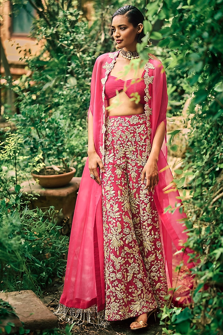 Deep Pink Organza & Georgette Embroidered Cape Set by Bhumika Sharma at Pernia's Pop Up Shop