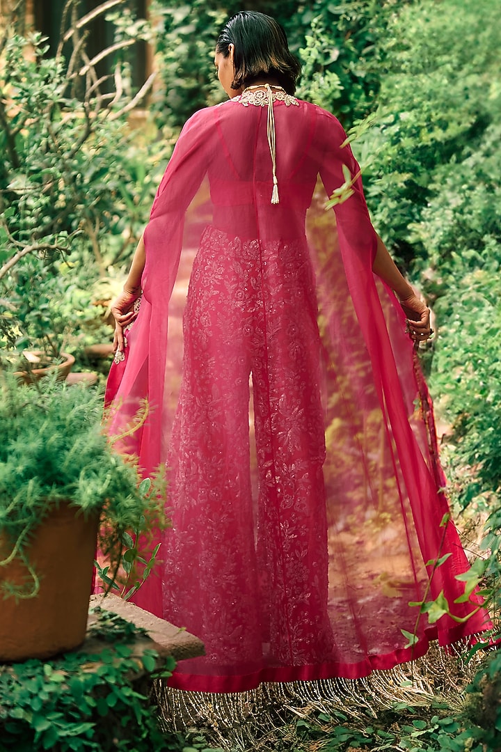 Deep Pink Organza & Georgette Embroidered Cape Set by Bhumika Sharma at Pernia's Pop Up Shop