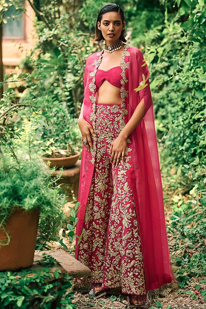 Deep Pink Organza & Georgette Embroidered Cape Set by Bhumika Sharma at Pernia's Pop Up Shop