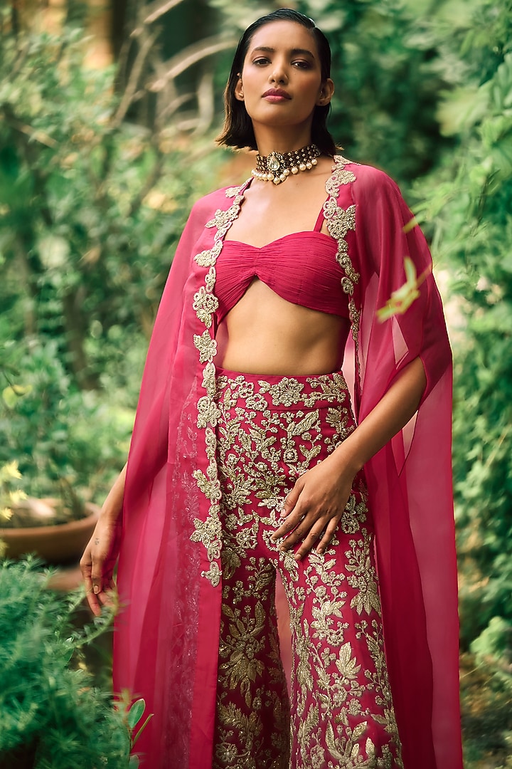 Deep Pink Organza & Georgette Embroidered Cape Set by Bhumika Sharma at Pernia's Pop Up Shop