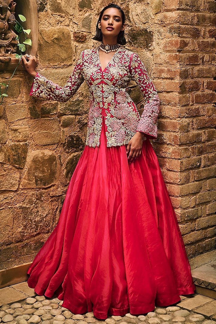 Deep Pink Organza & Net Embroidered Jacket Set by Bhumika Sharma at Pernia's Pop Up Shop