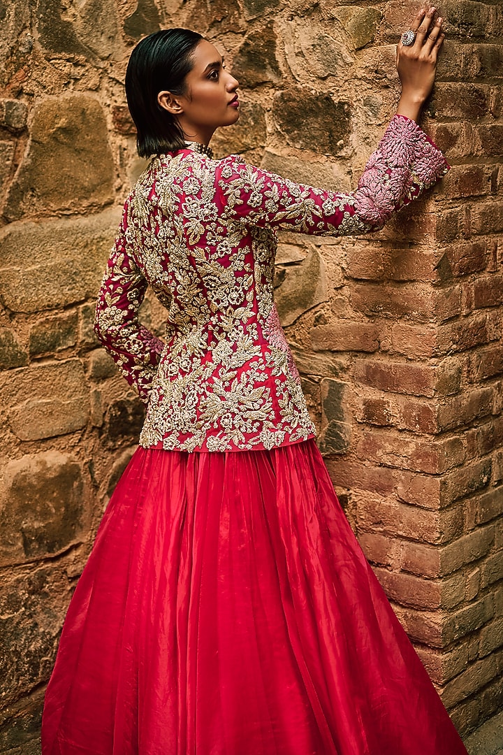 Deep Pink Organza & Net Embroidered Jacket Set by Bhumika Sharma at Pernia's Pop Up Shop