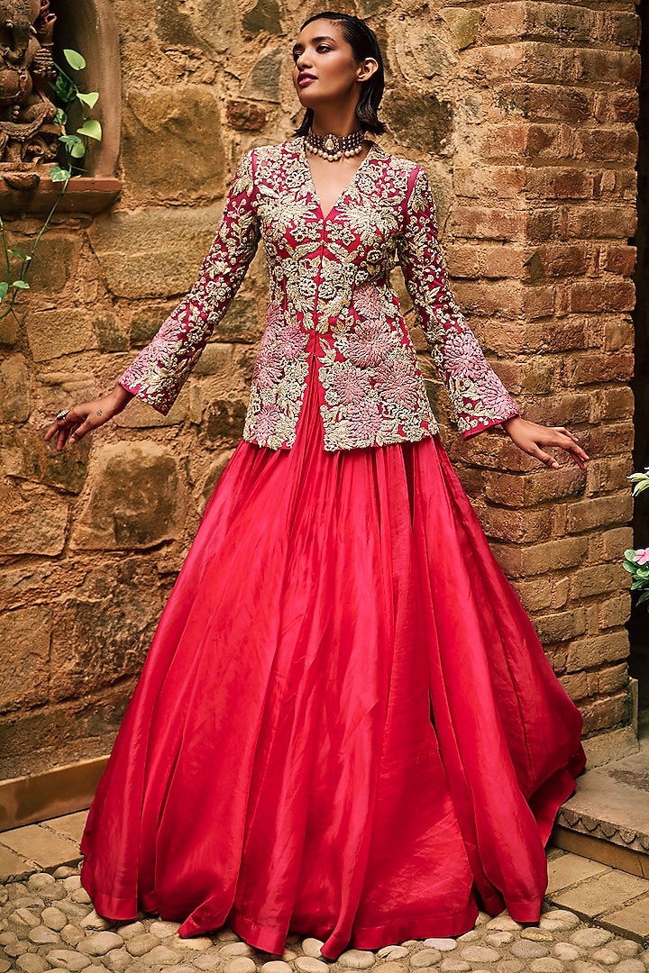Deep Pink Organza & Net Embroidered Jacket Set by Bhumika Sharma at Pernia's Pop Up Shop