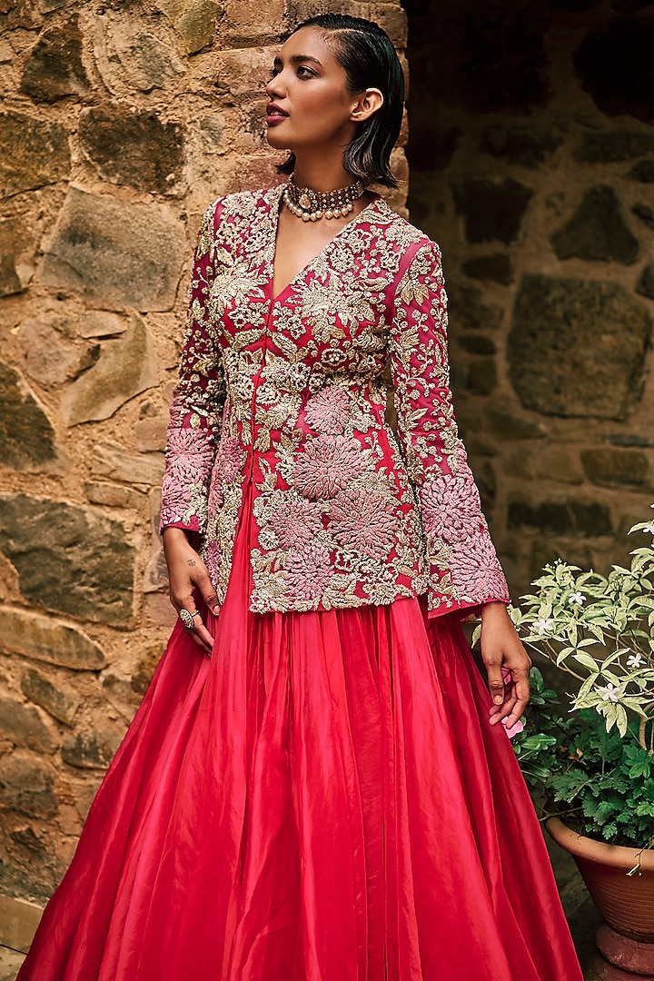 Deep Pink Organza & Net Embroidered Jacket Set by Bhumika Sharma at Pernia's Pop Up Shop