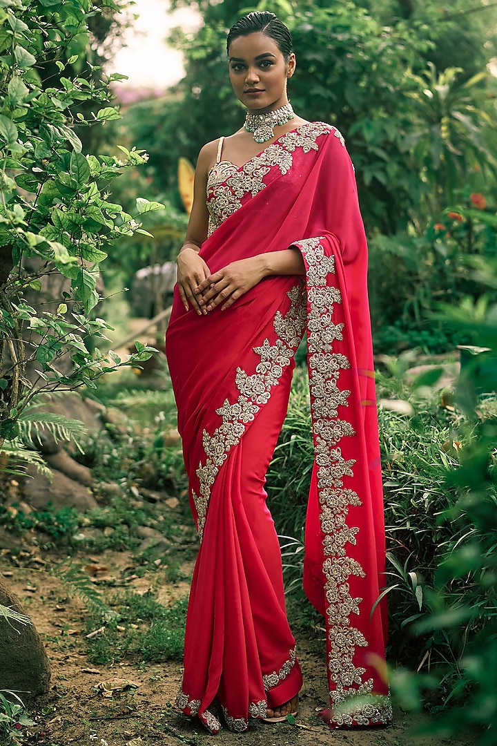 Deep Pink Georgette & Net Embroidered Saree Set by Bhumika Sharma at Pernia's Pop Up Shop