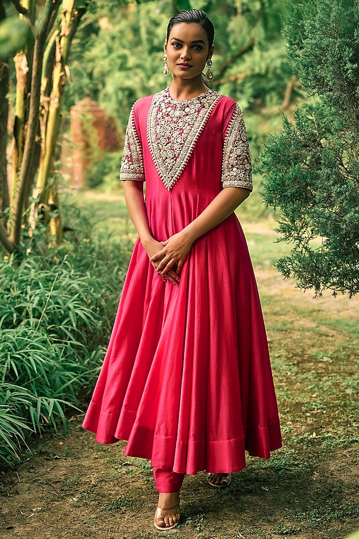 Deep Pink Satin Silk Embroidered Anarkali Set by Bhumika Sharma at Pernia's Pop Up Shop