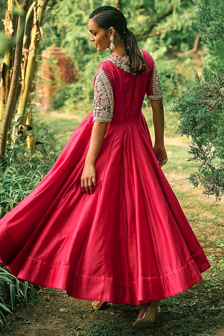 Deep Pink Satin Silk Embroidered Bridal Anarkali Set by Bhumika Sharma at Pernia's Pop Up Shop