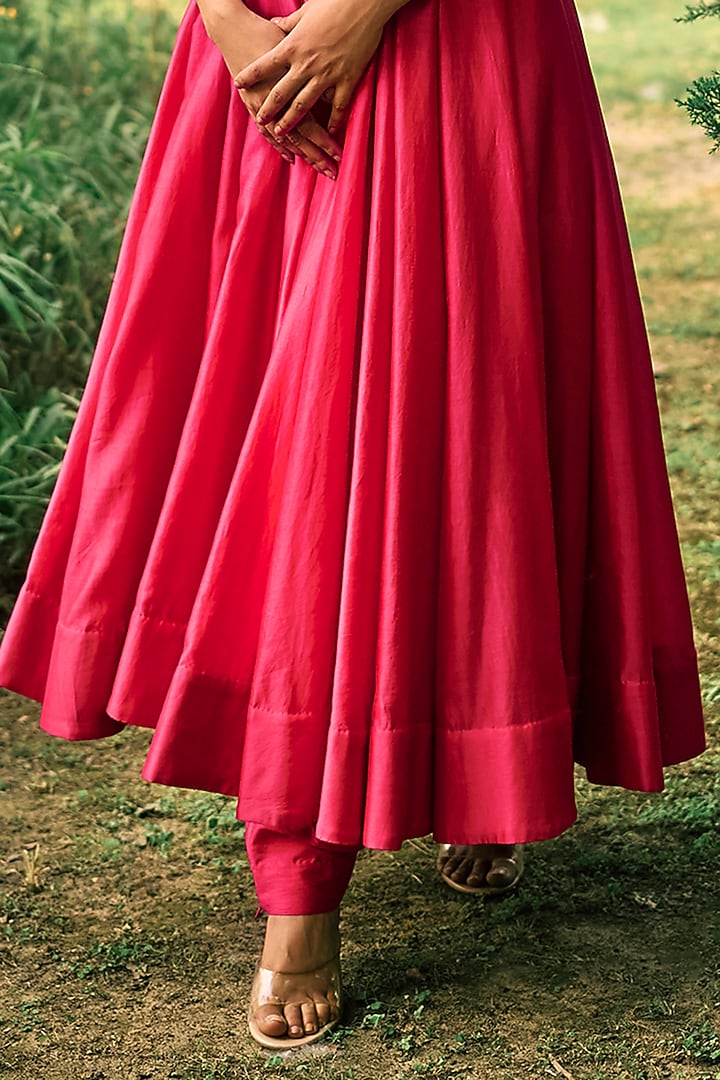 Deep Pink Satin Silk Embroidered Bridal Anarkali Set by Bhumika Sharma at Pernia's Pop Up Shop