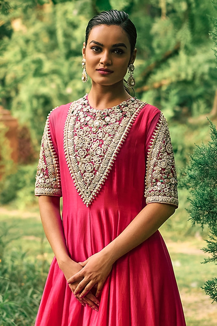 Deep Pink Satin Silk Embroidered Bridal Anarkali Set by Bhumika Sharma at Pernia's Pop Up Shop
