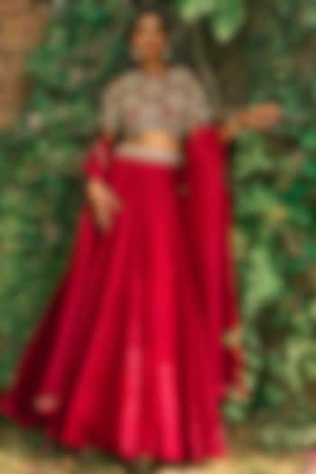 Crimson Red Organza & Net Wedding Lehenga Set by Bhumika Sharma at Pernia's Pop Up Shop