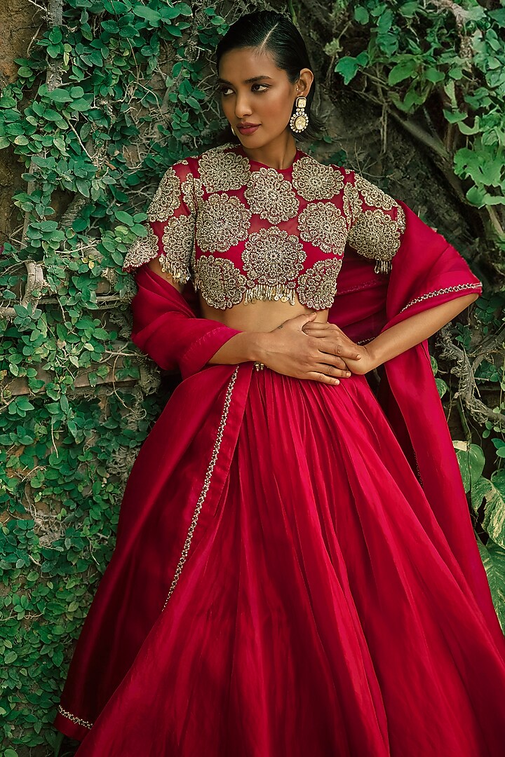 Crimson Red Organza & Net Wedding Lehenga Set by Bhumika Sharma at Pernia's Pop Up Shop