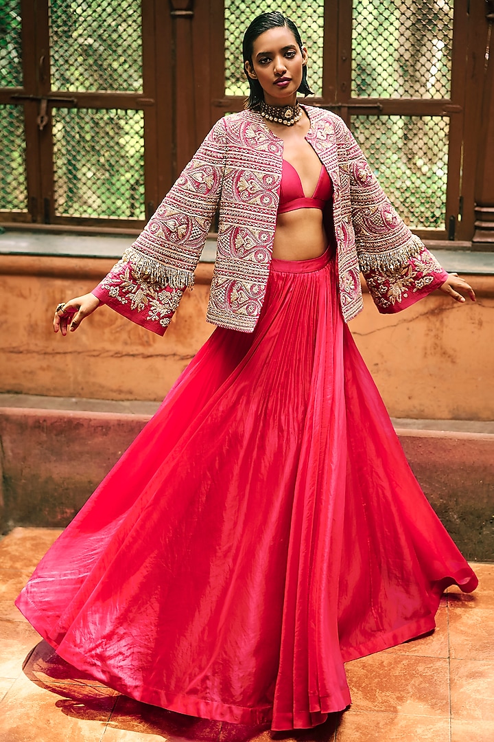 Deep Pink Organza & Net Embroidered Jacket Bridal Lehenga Set by Bhumika Sharma at Pernia's Pop Up Shop