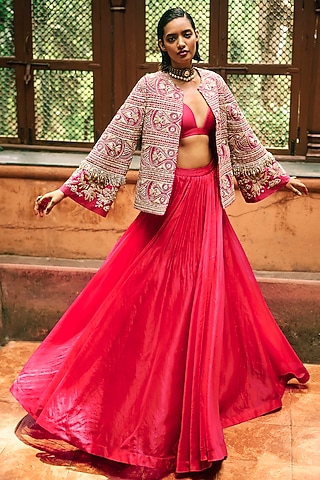 Deep Pink Organza & Net Embroidered Jacket Lehenga Set by Bhumika Sharma