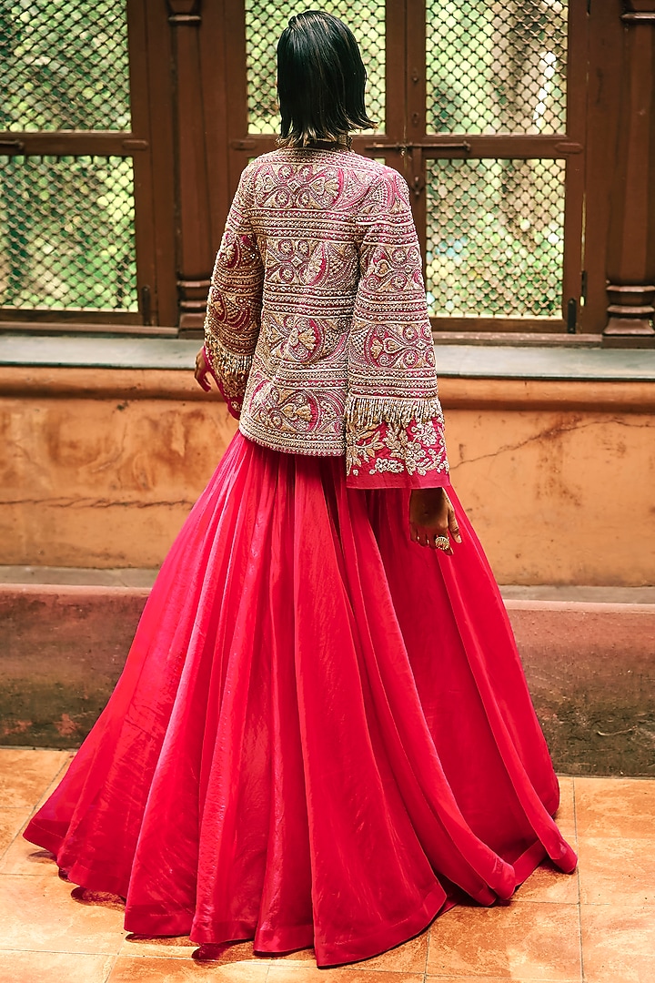 Deep Pink Organza & Net Embroidered Jacket Bridal Lehenga Set by Bhumika Sharma at Pernia's Pop Up Shop