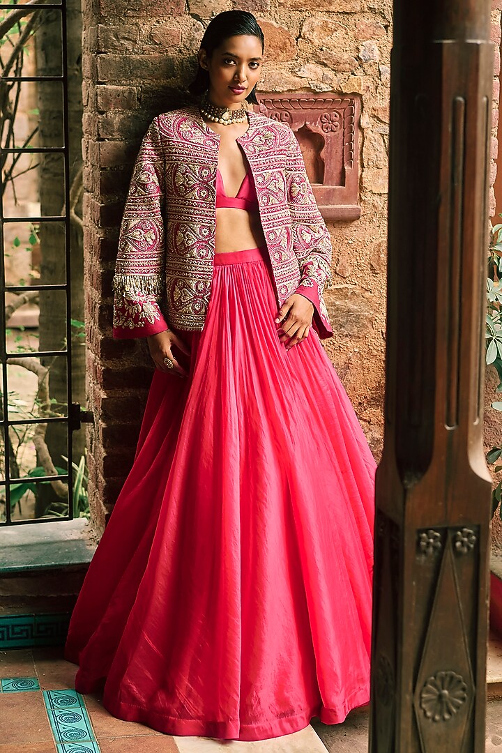 Deep Pink Organza & Net Embroidered Jacket Bridal Lehenga Set by Bhumika Sharma at Pernia's Pop Up Shop