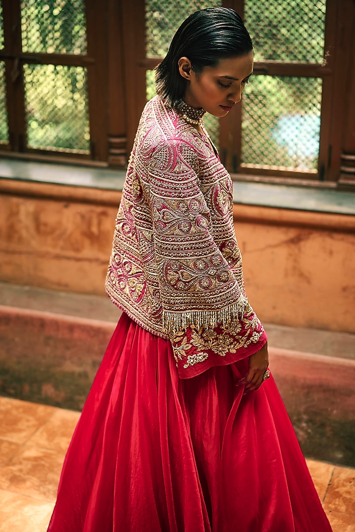 Deep Pink Organza & Net Embroidered Jacket Bridal Lehenga Set by Bhumika Sharma at Pernia's Pop Up Shop