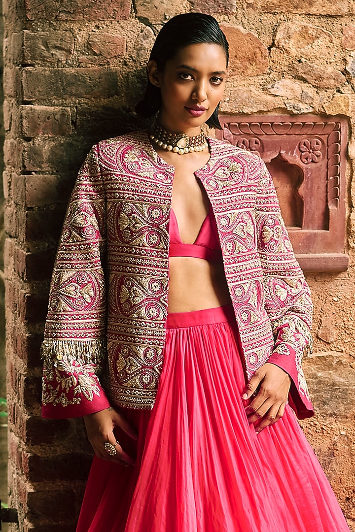 Deep Pink Organza & Net Embroidered Jacket Bridal Lehenga Set by Bhumika Sharma at Pernia's Pop Up Shop