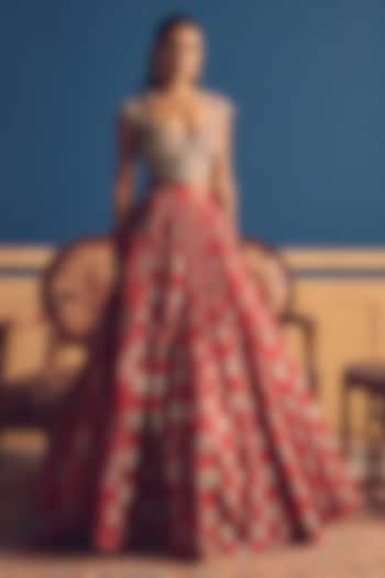 Red Organza Printed Wedding Lehenga Set by Bhumika Sharma at Pernia's Pop Up Shop