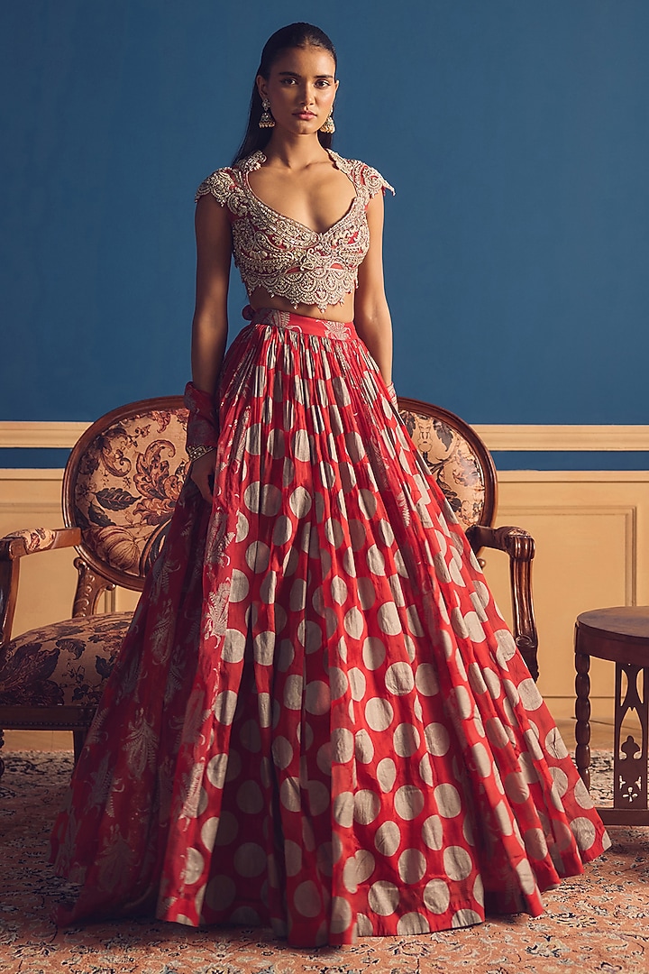 Red Organza Printed Wedding Lehenga Set by Bhumika Sharma at Pernia's Pop Up Shop