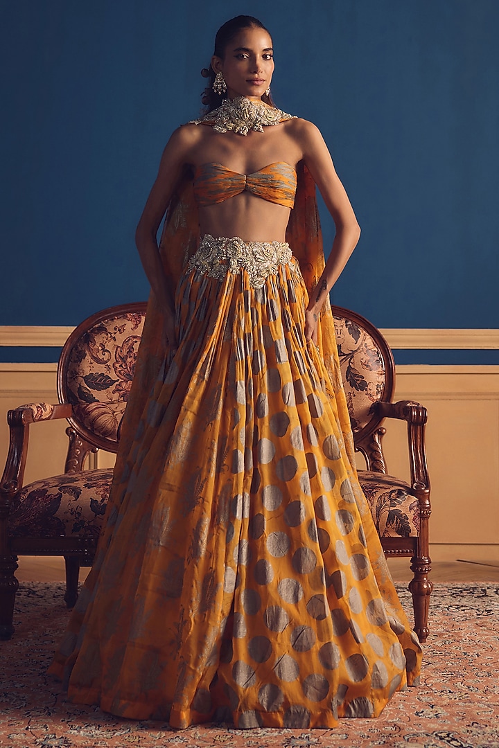 Mustard Organza Printed Wedding Lehenga Set by Bhumika Sharma at Pernia's Pop Up Shop