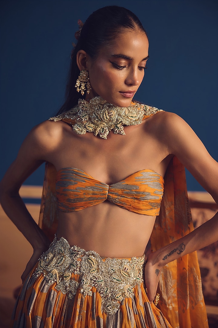 Mustard Organza Printed Wedding Lehenga Set by Bhumika Sharma at Pernia's Pop Up Shop
