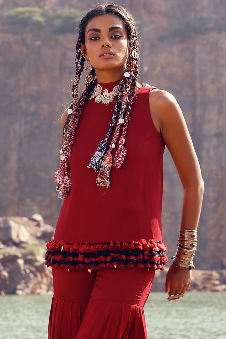 Red Georgette Wedding Sharara Set by Bhumika Sharma at Pernia's Pop Up Shop
