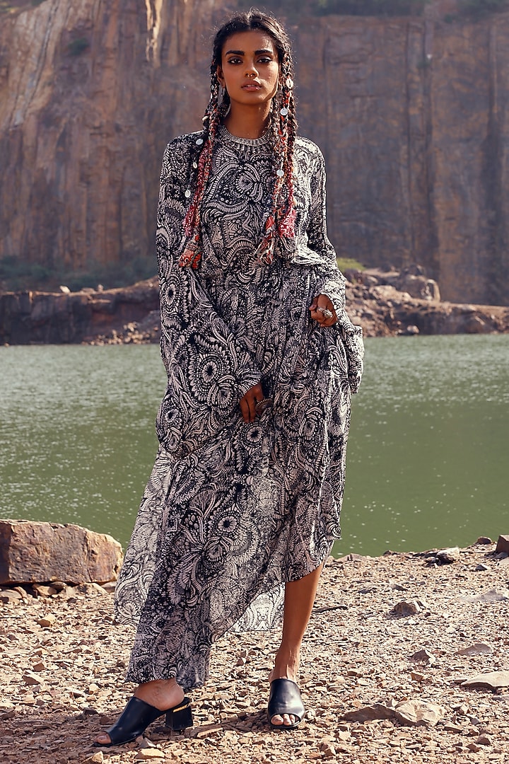 Black Printed Kaftan Dress by Bhumika Sharma at Pernia's Pop Up Shop