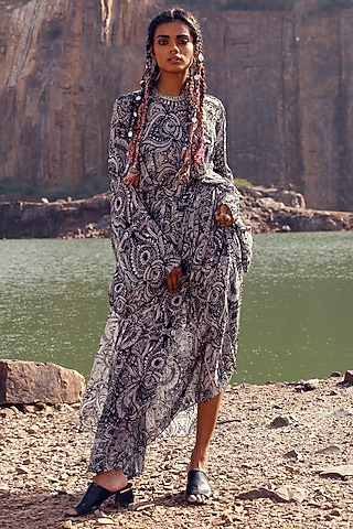 Black Printed Kaftan Dress by Bhumika Sharma