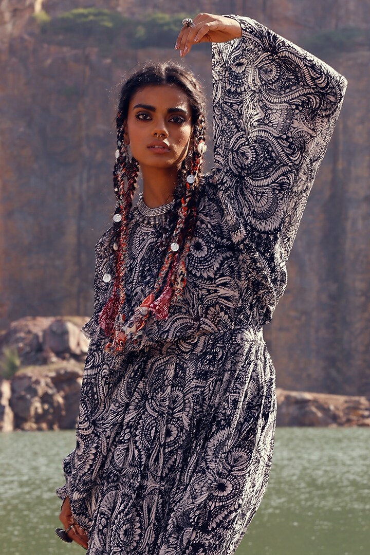 Black Printed Kaftan Cocktail Dress by Bhumika Sharma at Pernia's Pop Up Shop