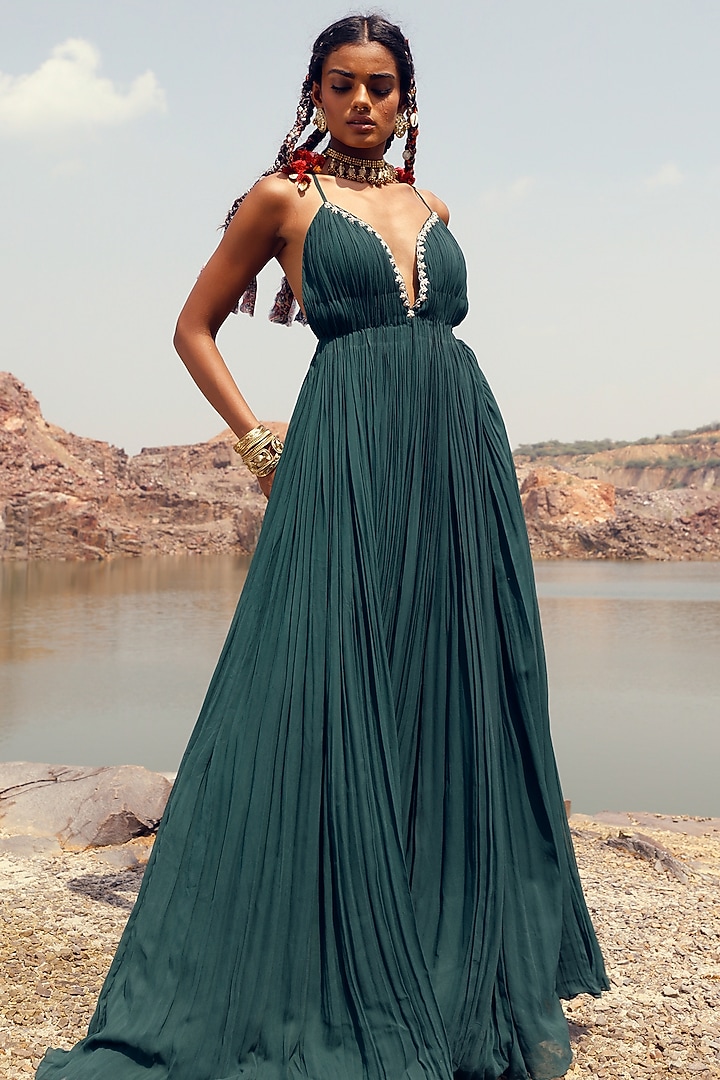 Bhumika Sharma Women Dark Green Georgette Dress at Pernia's Pop-Up Shop