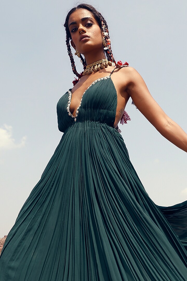 Dark Green Georgette Cocktail Dress by Bhumika Sharma at Pernia's Pop Up Shop