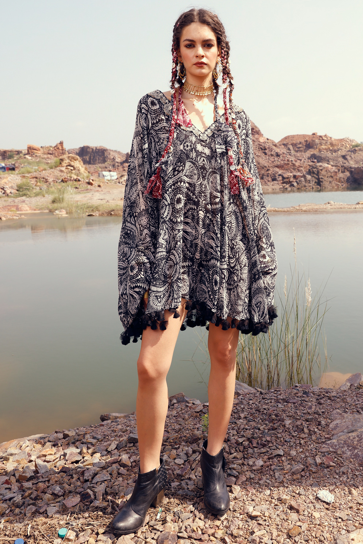 Black Printed Cape Vacation Dress by Bhumika Sharma at Pernia's Pop Up Shop