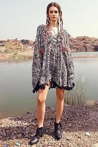 Black Printed Cape Dress by Bhumika Sharma