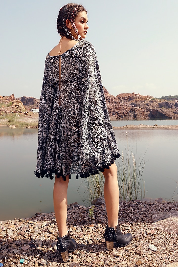 Black Printed Cape Vacation Dress by Bhumika Sharma at Pernia's Pop Up Shop