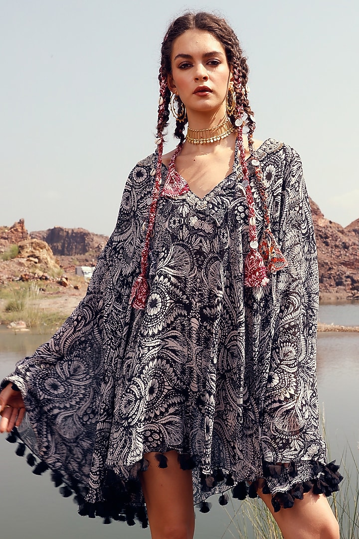 Black Printed Cape Vacation Dress by Bhumika Sharma at Pernia's Pop Up Shop