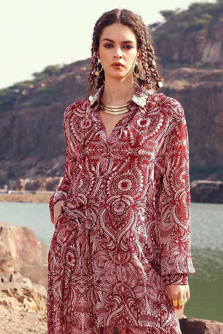 Red Printed Harem Pant Set by Bhumika Sharma at Pernia's Pop Up Shop