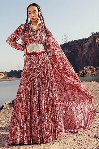 Red Georgette Floral Printed Pant Saree Set by Bhumika Sharma