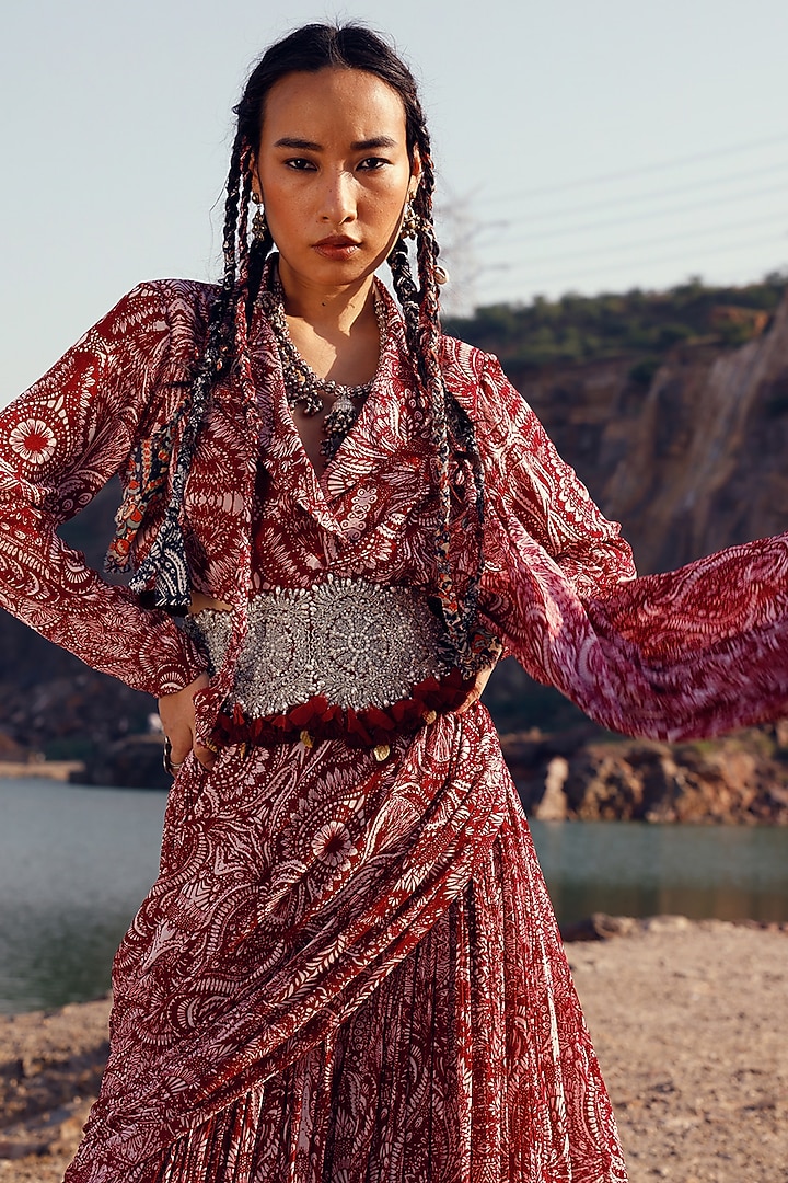 Red Georgette Floral Printed Pant Wedding Saree Set by Bhumika Sharma at Pernia's Pop Up Shop