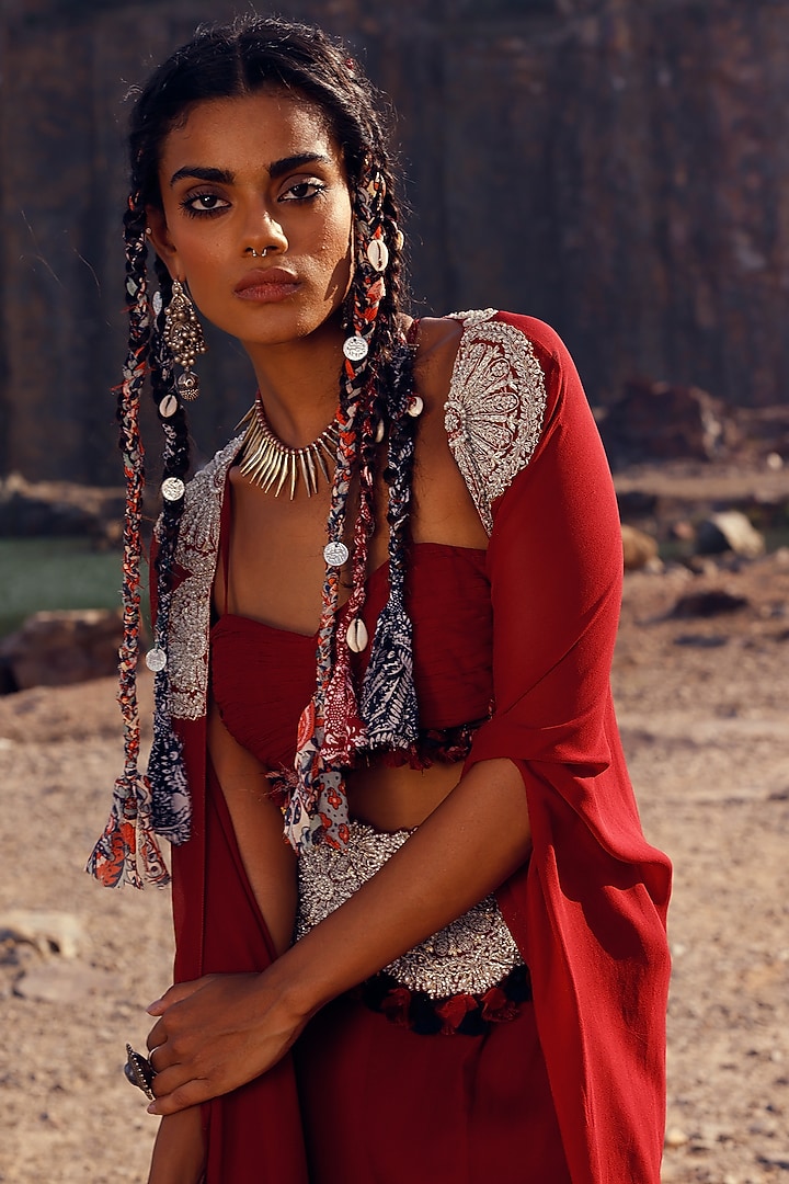 Red Embroidered Cape Set by Bhumika Sharma at Pernia's Pop Up Shop