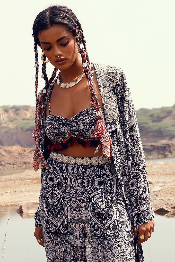 Black Floral Printed Jacket Set by Bhumika Sharma at Pernia's Pop Up Shop