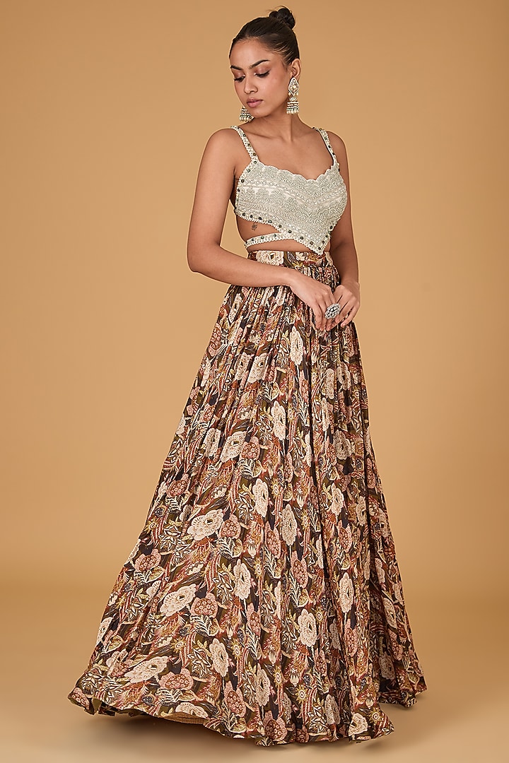 Brown Twill Organza Floral Printed Skirt Set by Bhumika Sharma