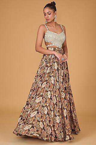 Brown Twill Organza Floral Printed Skirt Set by Bhumika Sharma