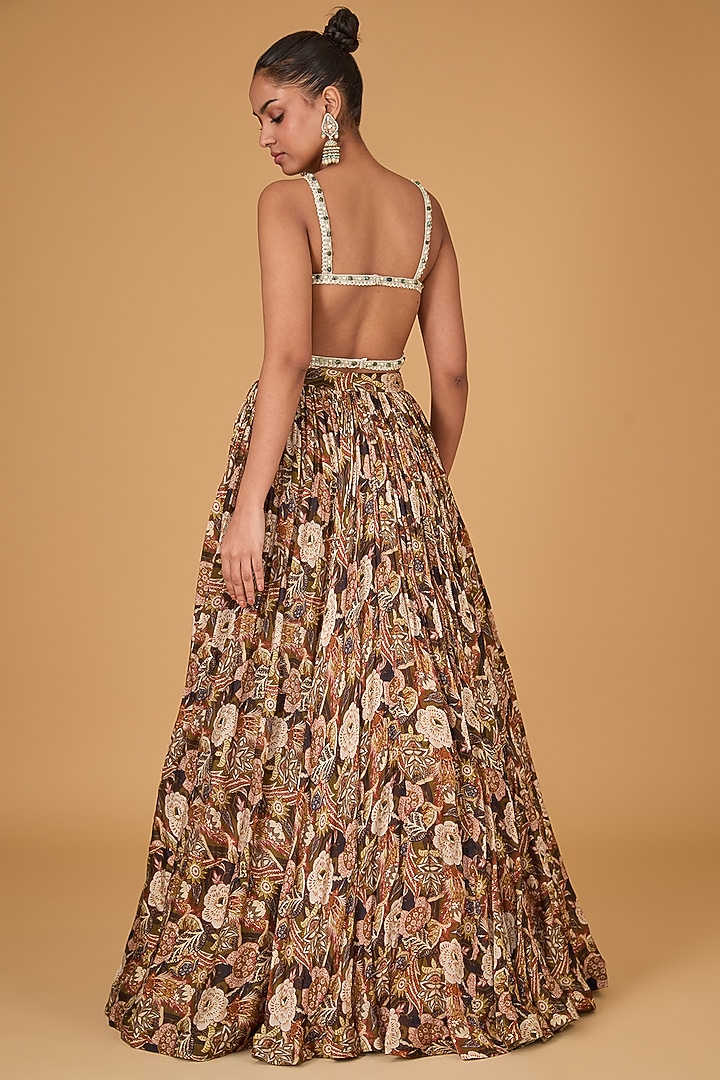 Brown Twill Organza Floral Printed Skirt Set by Bhumika Sharma at Pernia's Pop Up Shop