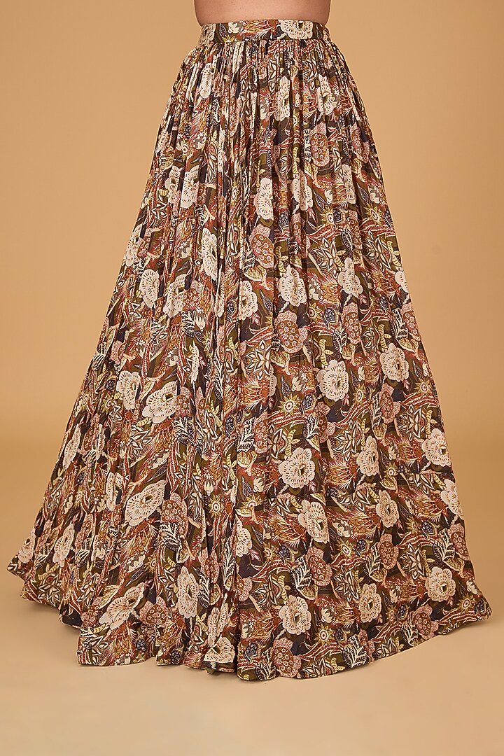 Brown Twill Organza Floral Printed Skirt Set by Bhumika Sharma at Pernia's Pop Up Shop
