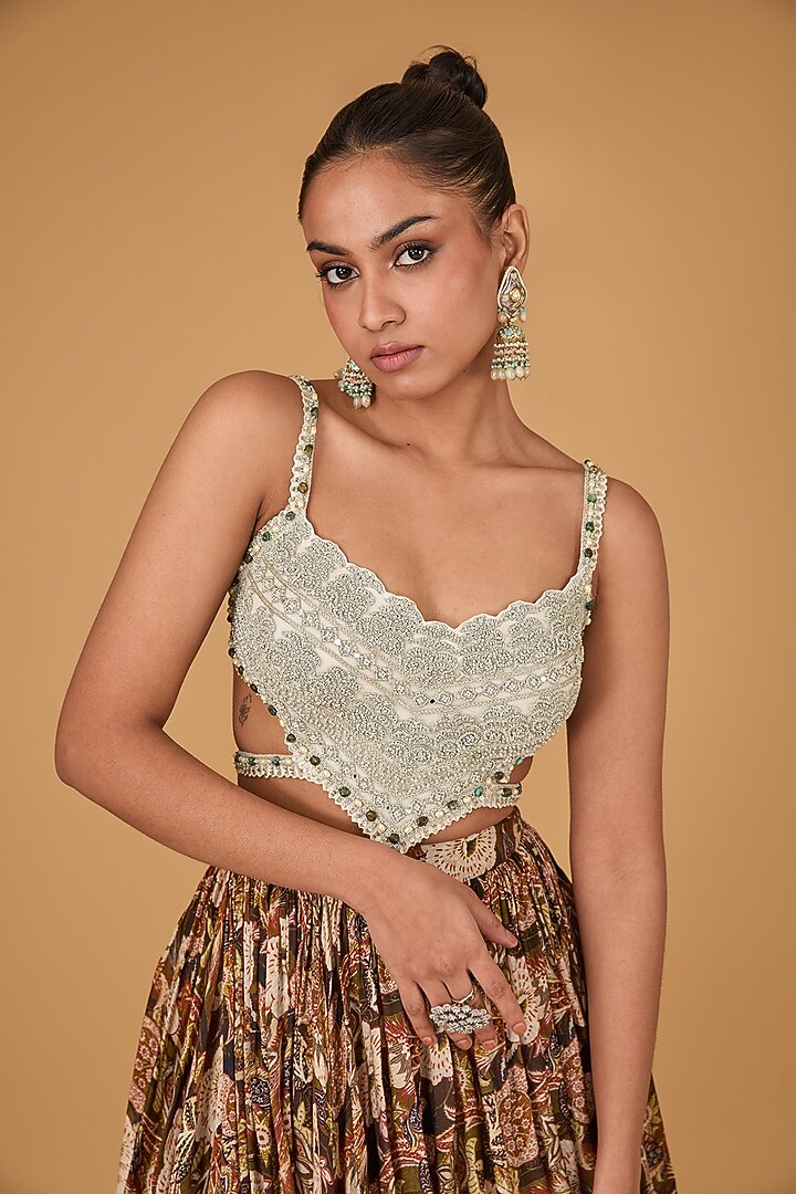 Brown Twill Organza Floral Printed Skirt Set by Bhumika Sharma at Pernia's Pop Up Shop