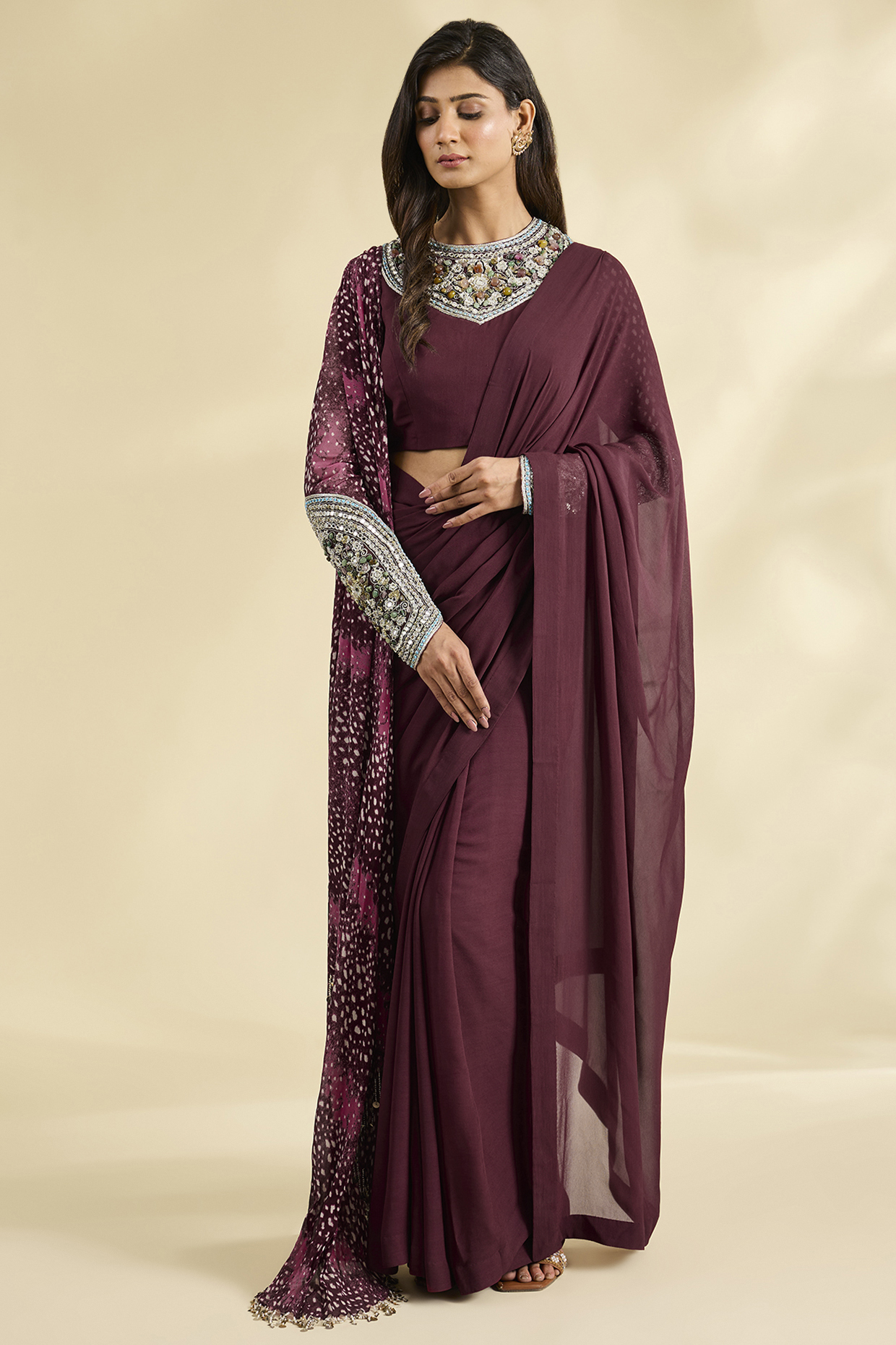 Wine Georgette Wedding Saree Set by Bhumika Sharma at Pernia's Pop Up Shop