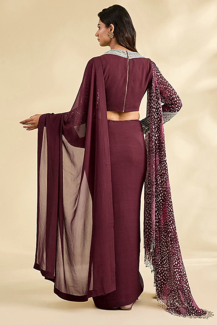 Wine Georgette Wedding Saree Set by Bhumika Sharma at Pernia's Pop Up Shop